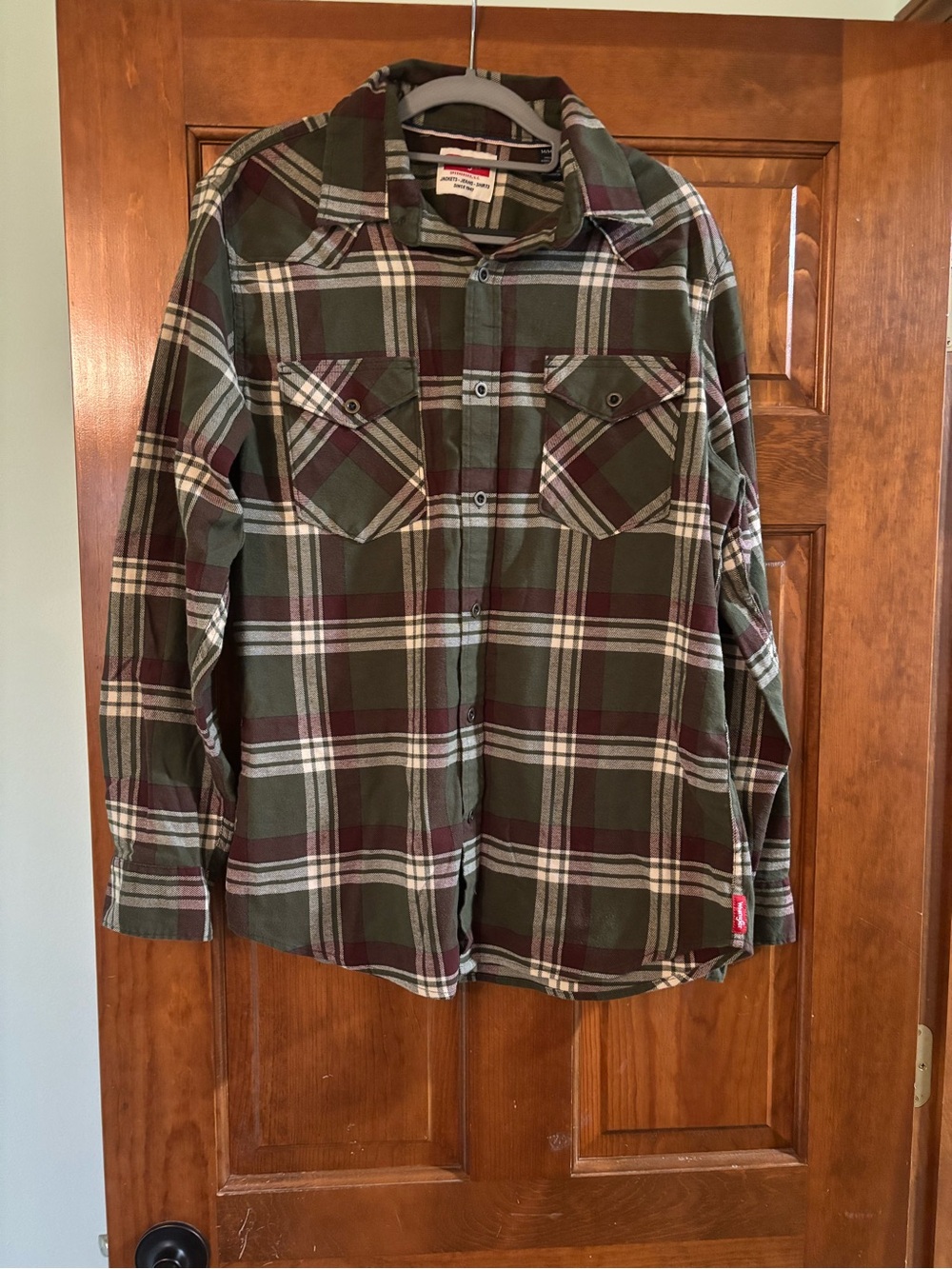 Wrangler Olive and Burgundy Plaid Button-Down Shirt